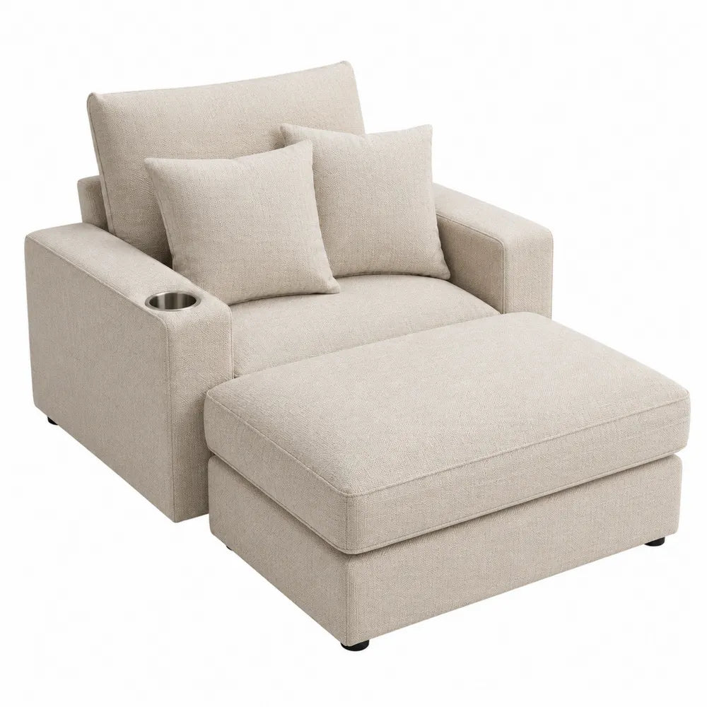 Divano modulare in tessuto beige con poggiapiedi e portabicchieri