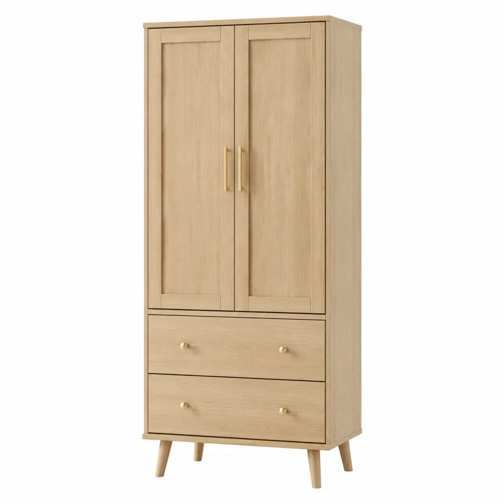 Armadio in legno con due ante e due cassetti in rovere chiaro 180x70x40 cm