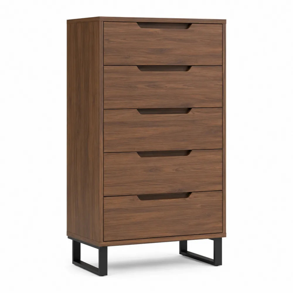 Cassettiera alta in legno e metallo, 5 cassetti