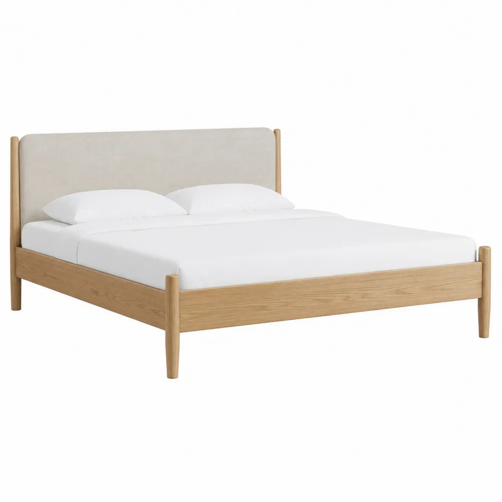 Letto matrimoniale in legno di rovere e tessuto beige