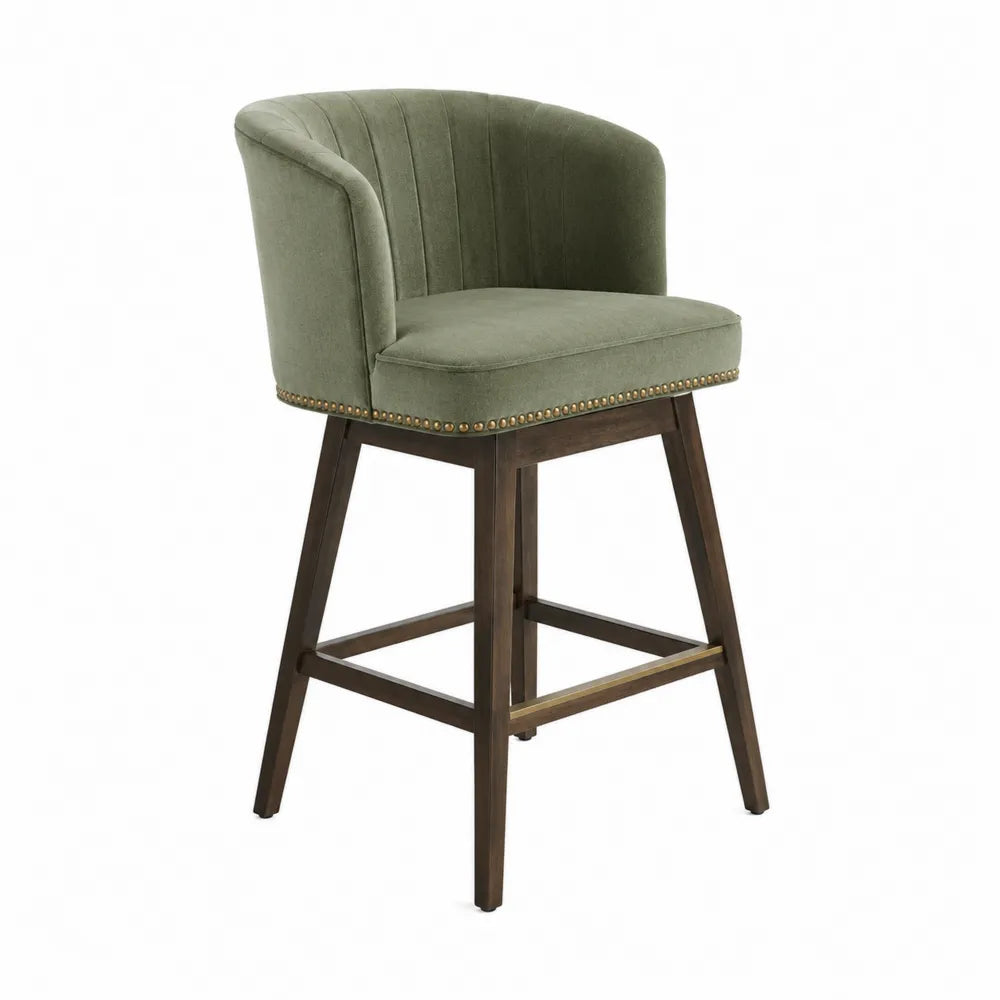 Sgabello da bar in velluto verde con gambe in legno