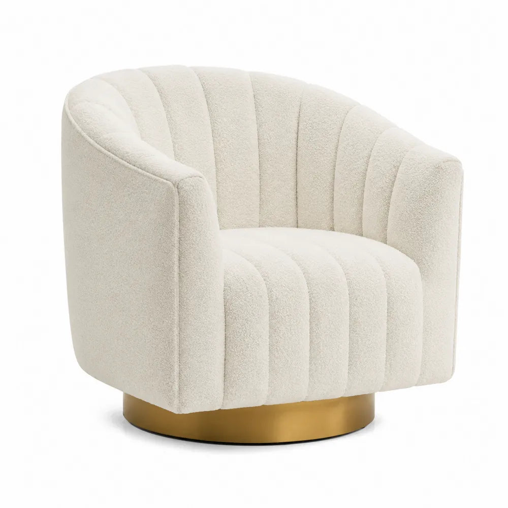 Poltrona girevole in bouclé bianco crema con base in metallo