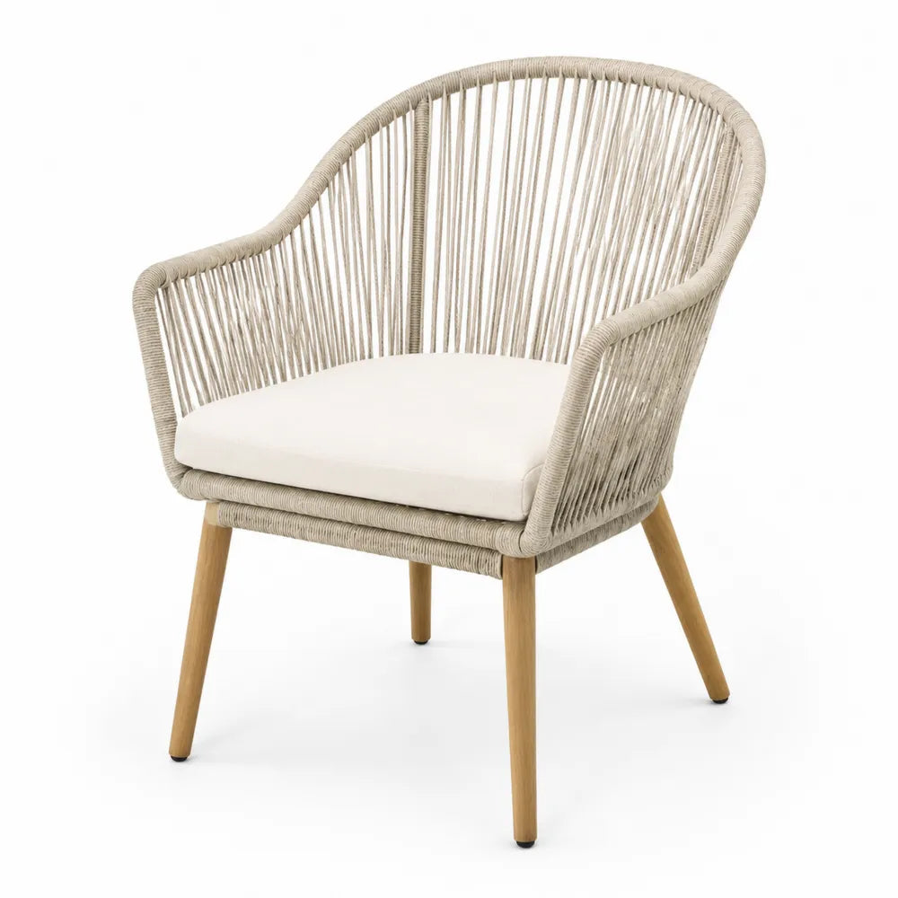 Sedia da esterno in legno e corda con seduta in poliestere, beige