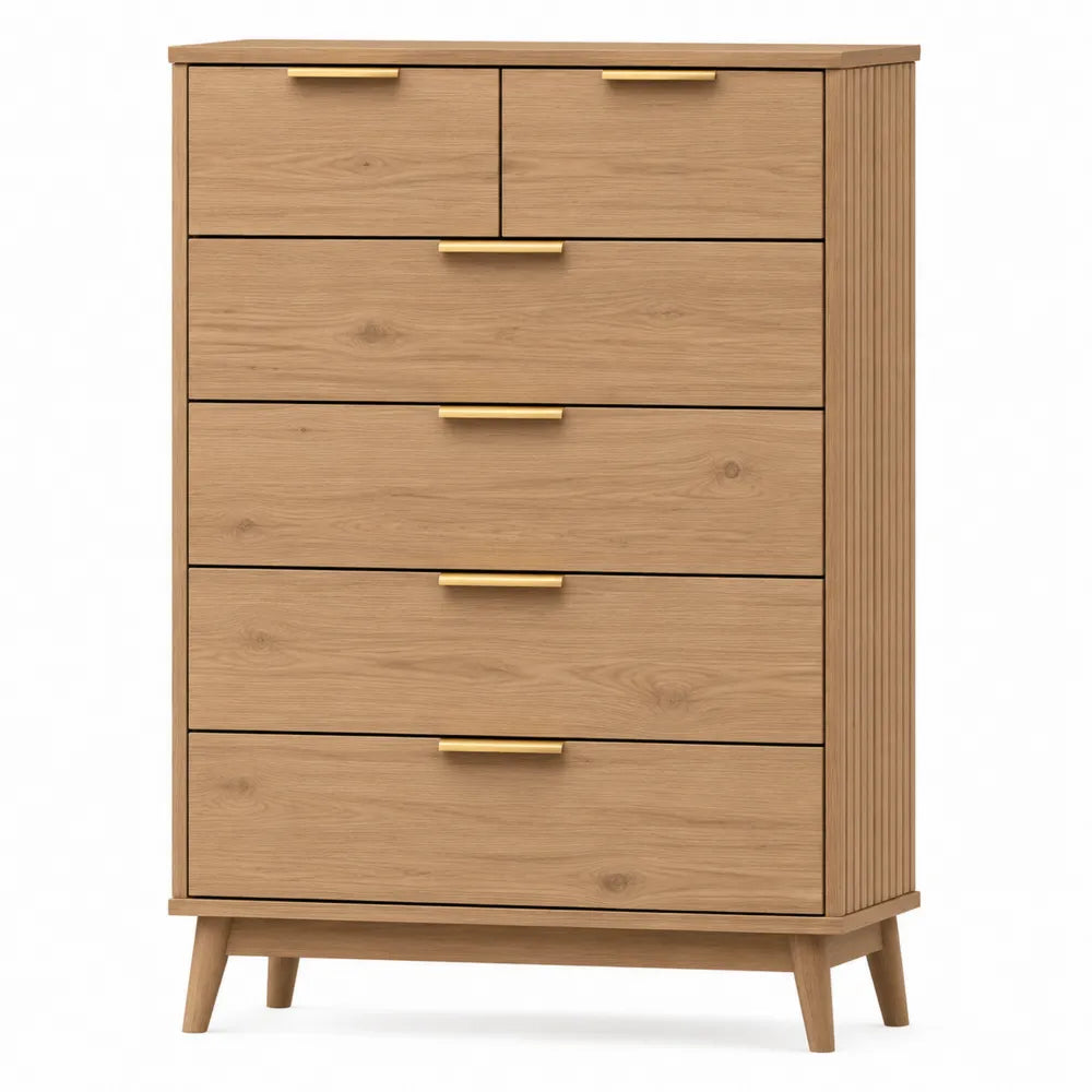 Cassettiera alta in legno con 6 cassetti e maniglie dorate