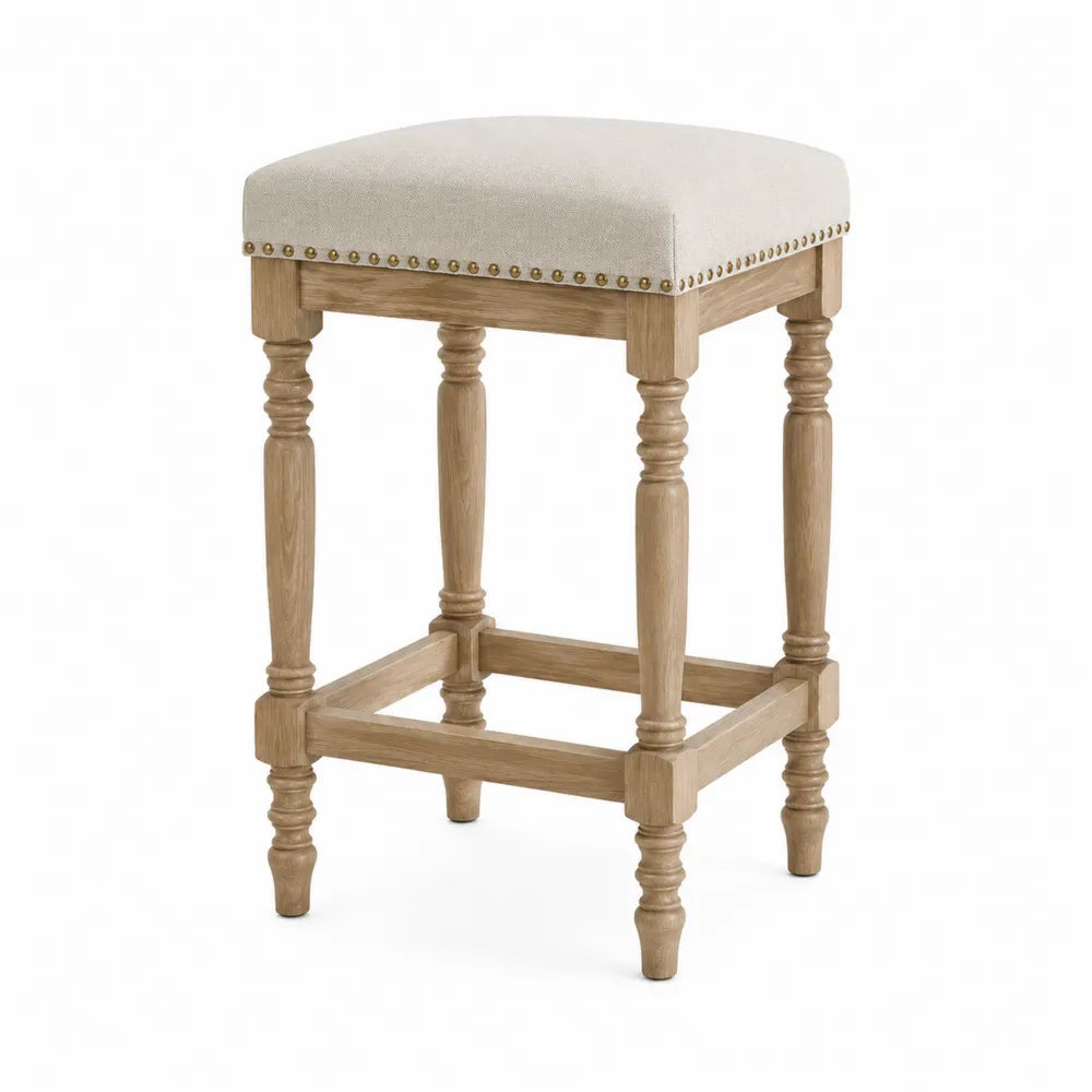 Sgabello da Bar in Legno e Tessuto di Lino Beige
