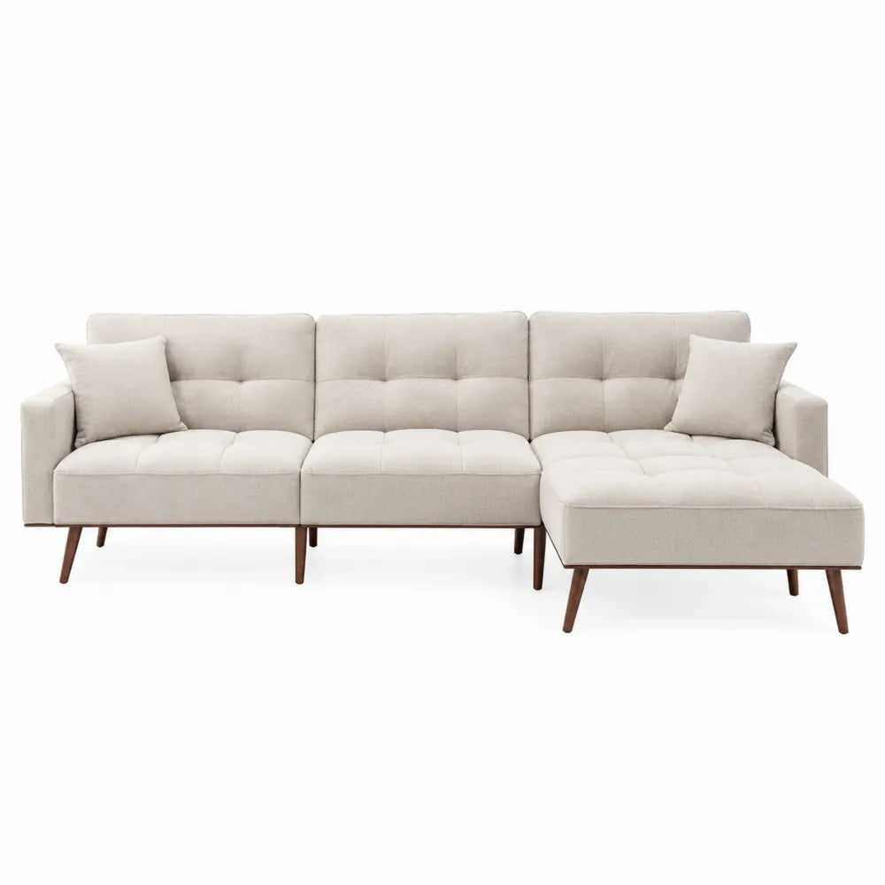 Divano angolare in legno e tessuto con chaise longue