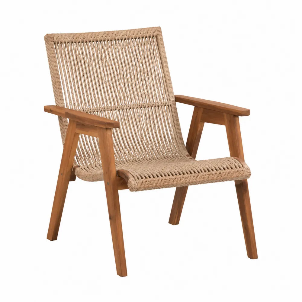 Sedia da esterno in legno di teak e filo intrecciato beige
