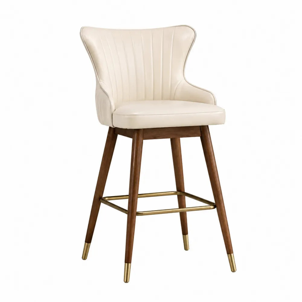 Sgabello con Rivestimento in Pelle PU e Gambe in Legno con Dettagli in Metallo