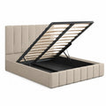 Letto contenitore matrimoniale beige in tessuto con struttura in legno