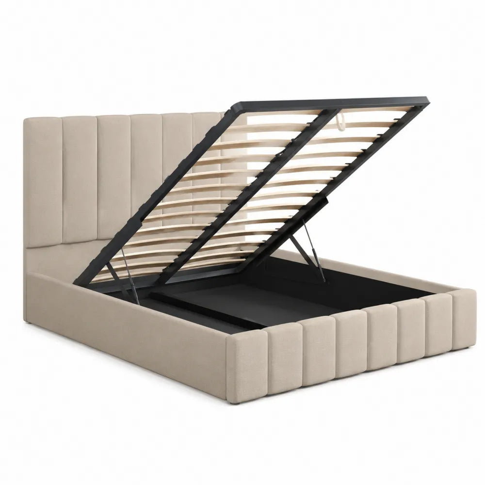 Letto contenitore matrimoniale beige in tessuto con struttura in legno