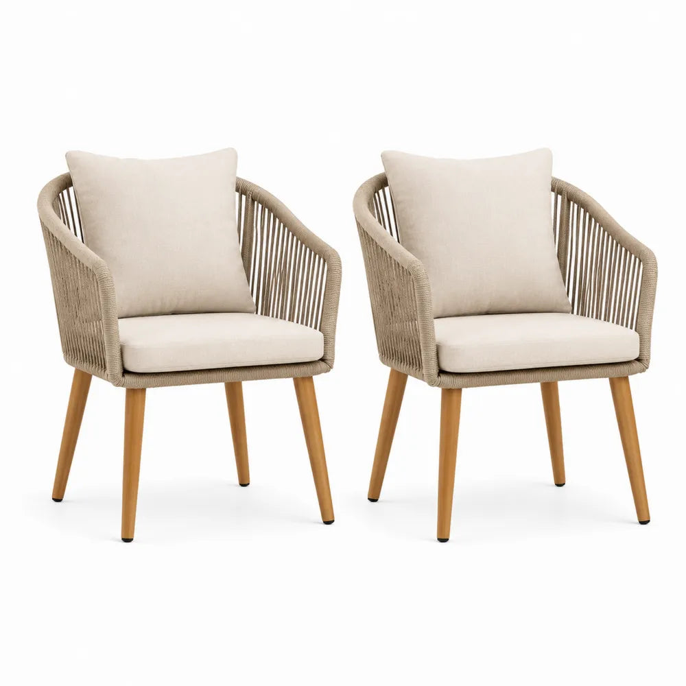 Set di 2 sedie in corda beige con gambe in legno e cuscini